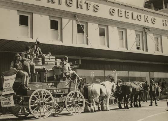 Cobb & Co. Royal Mail coach outside Brights, Lt. Malop Street, c.1980
